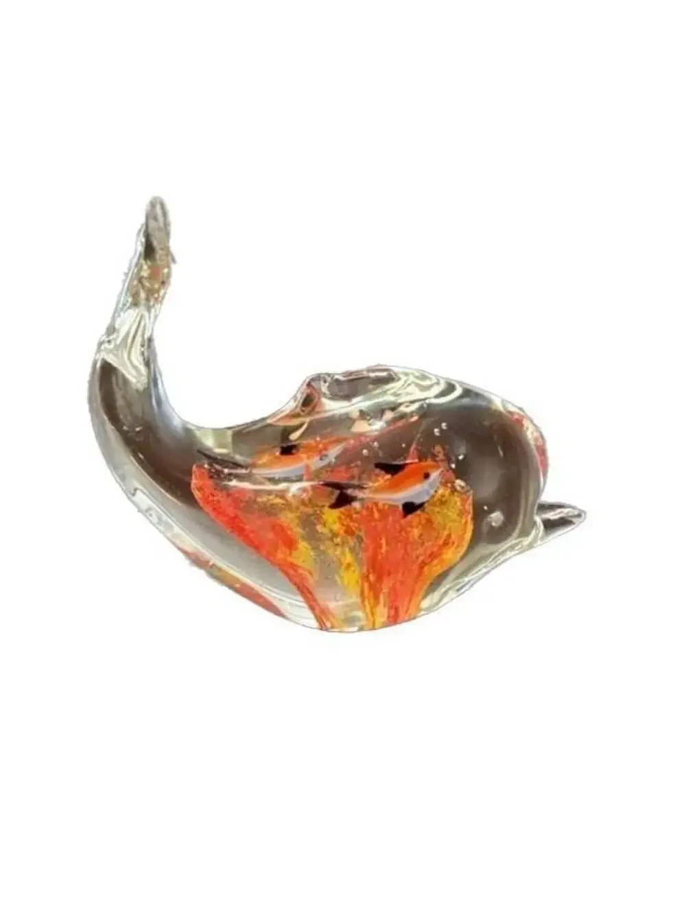 Clear Art Glass Whale Figurine Paperweight with Internal Fish and Reef Detail